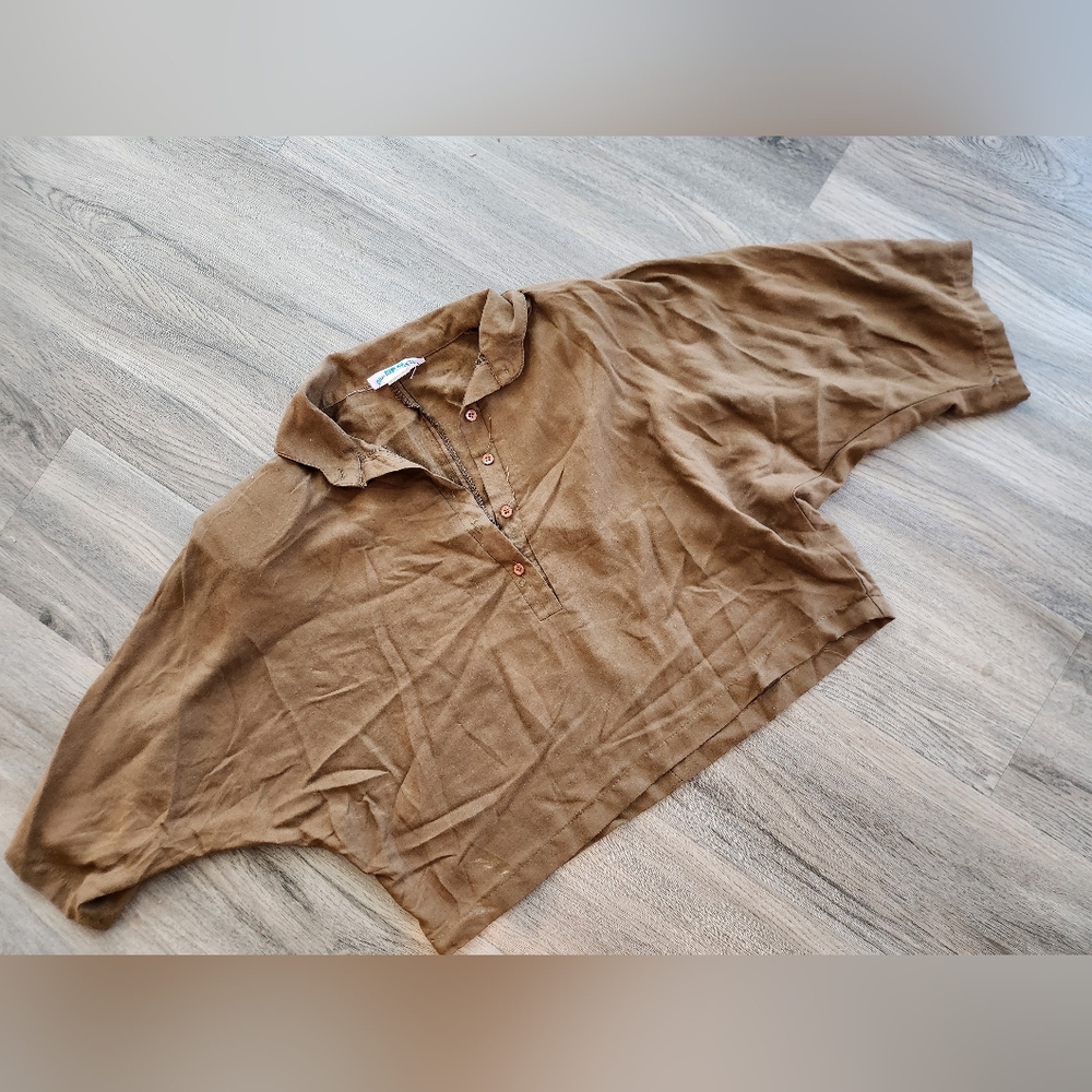 Vintage 1980s Brown Casual Batwing Shirt With Buttons And Shoulder Pads